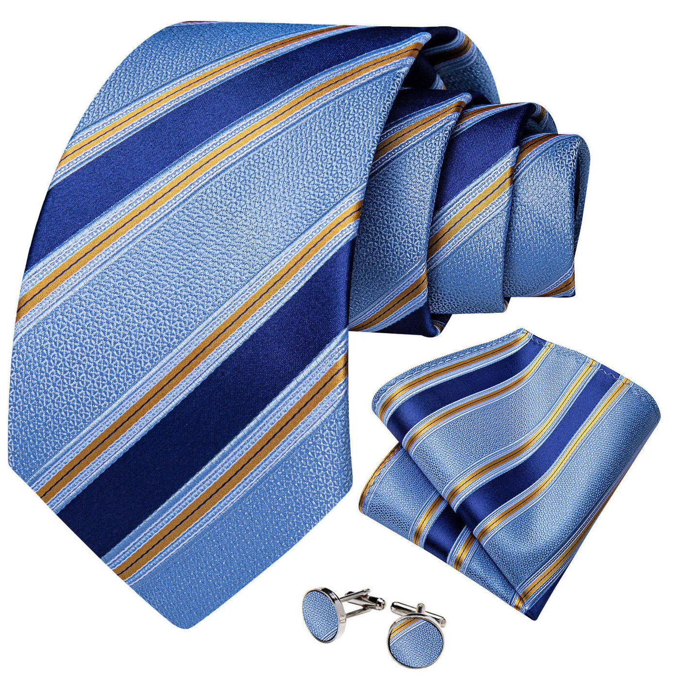 Light Blue & Navy Striped Silk with Pocket Square and Cufflinks Silk Tie Set - GentCrest - View 3