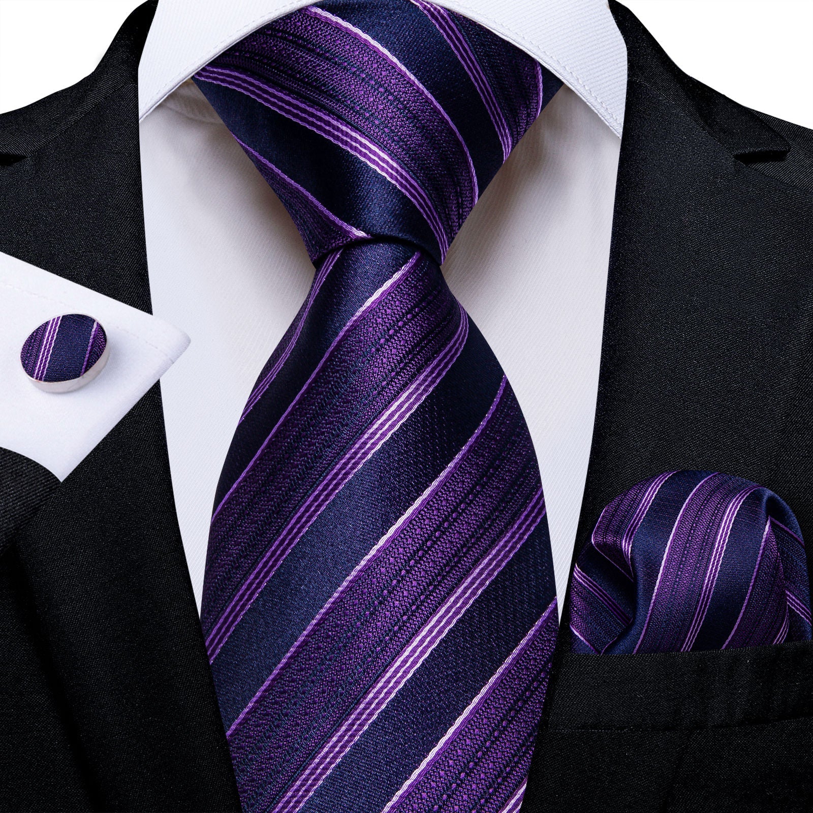 GentCrest Purple Striped Tie Hanky Cufflinks Set - Image 1