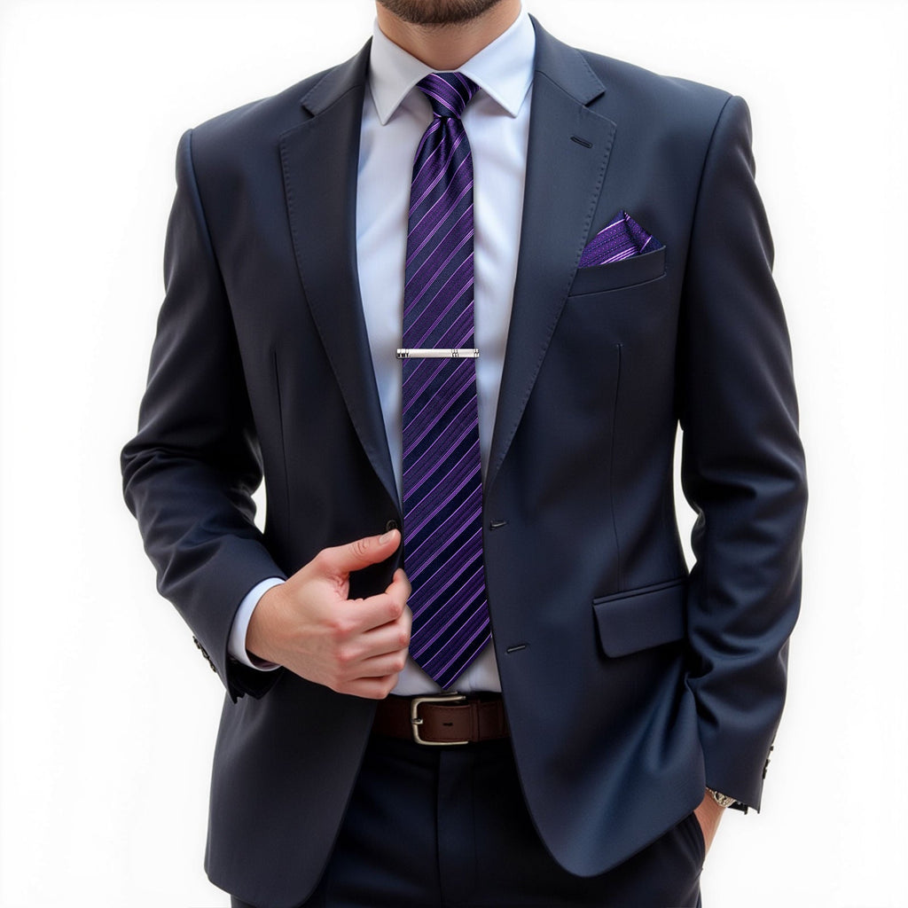 GentCrest Purple Striped Tie Hanky Cufflinks Set - Image 2