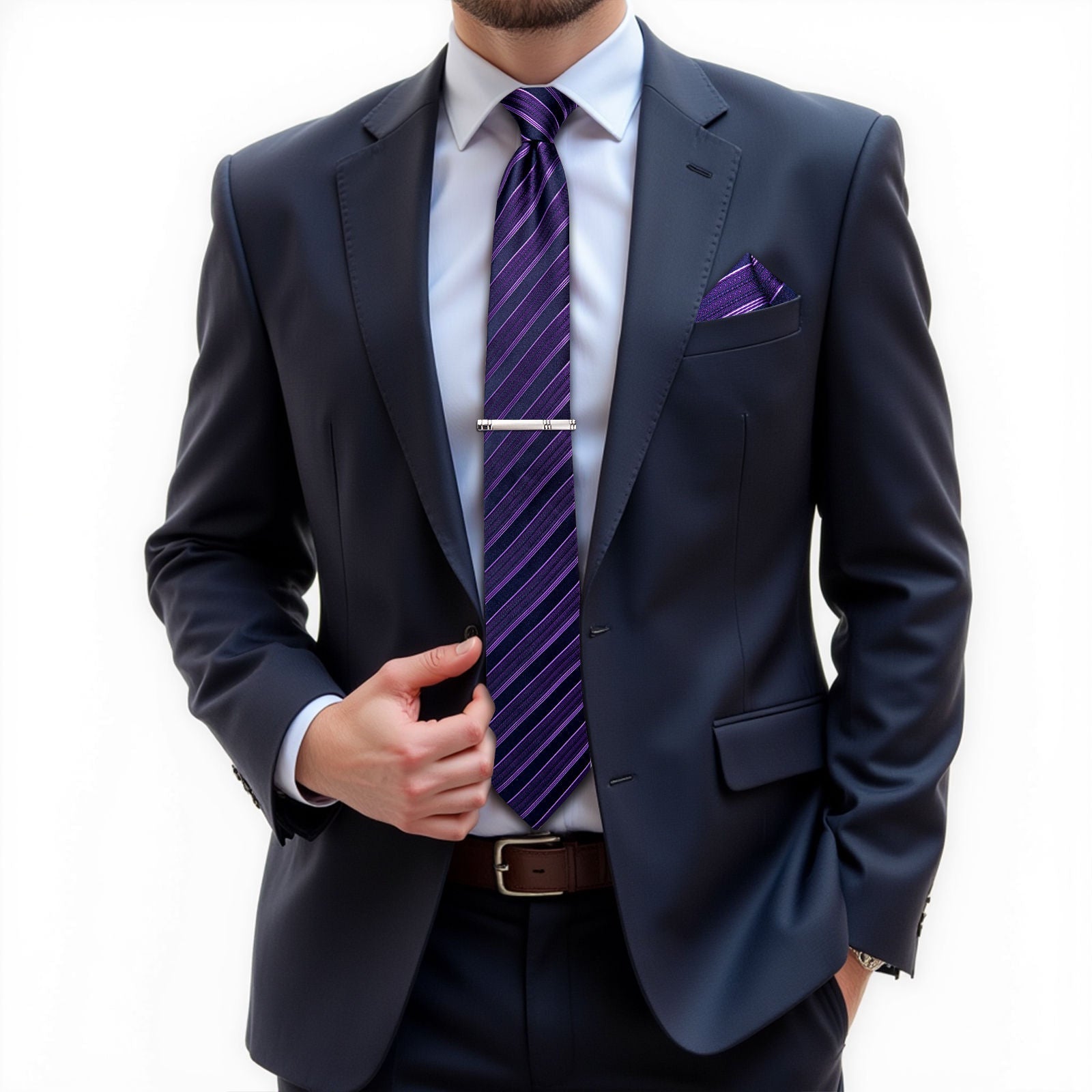 GentCrest Purple Striped Tie Hanky Cufflinks Set - Image 2