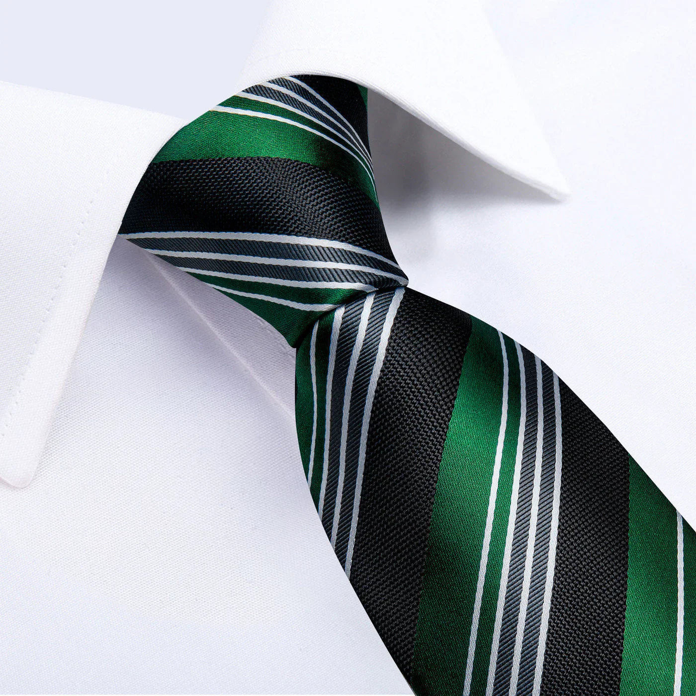 Emerald Green & Black Striped Silk with Pocket Square and Cufflinks Silk Tie Set - GentCrest - View 2