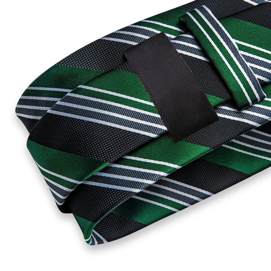 Emerald Green & Black Striped Silk with Pocket Square and Cufflinks Silk Tie Set - GentCrest - View 4