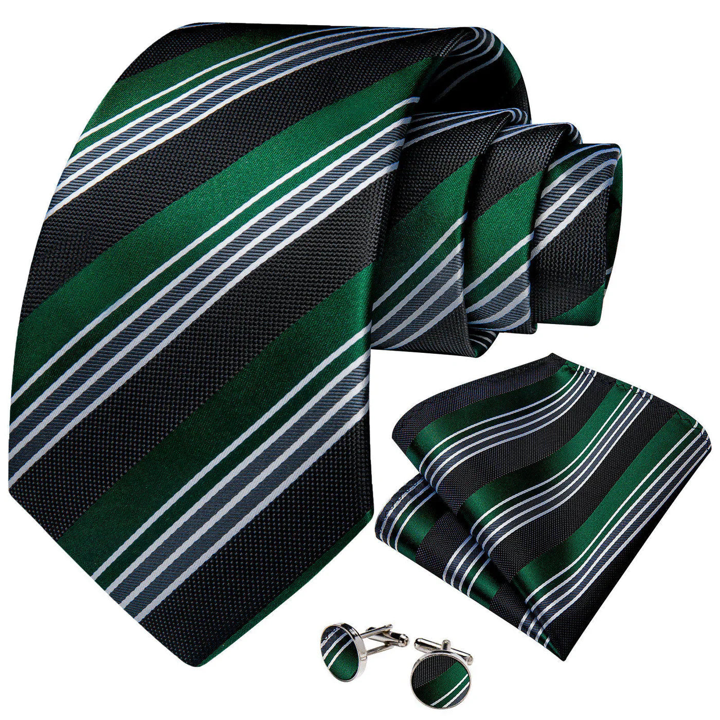 Emerald Green & Black Striped Silk with Pocket Square and Cufflinks Silk Tie Set - GentCrest - View 3