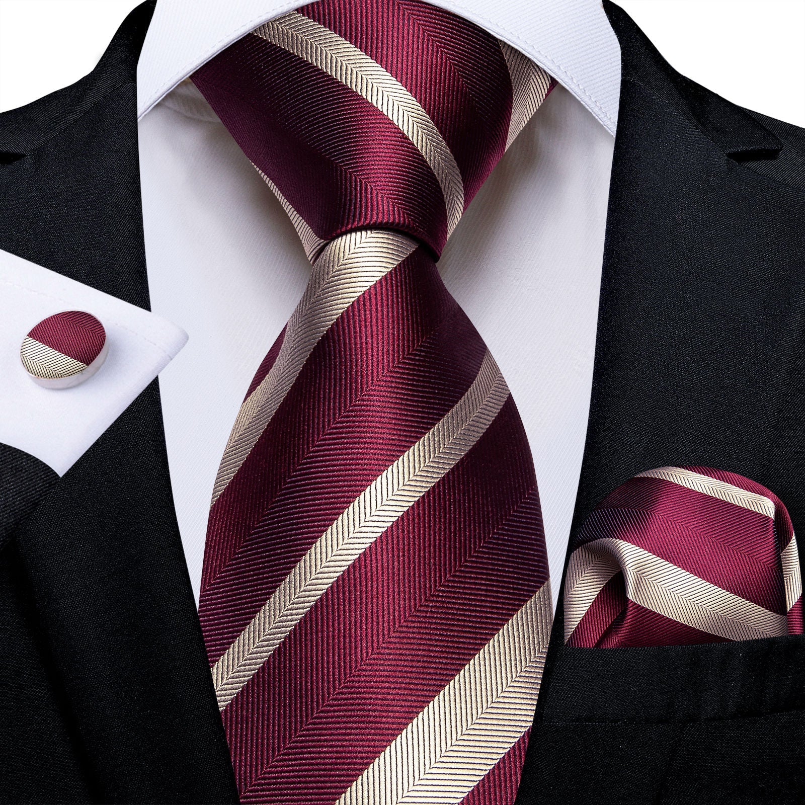 GentCrest Burgundy Striped Tie Hanky Cufflinks Set - Image 1