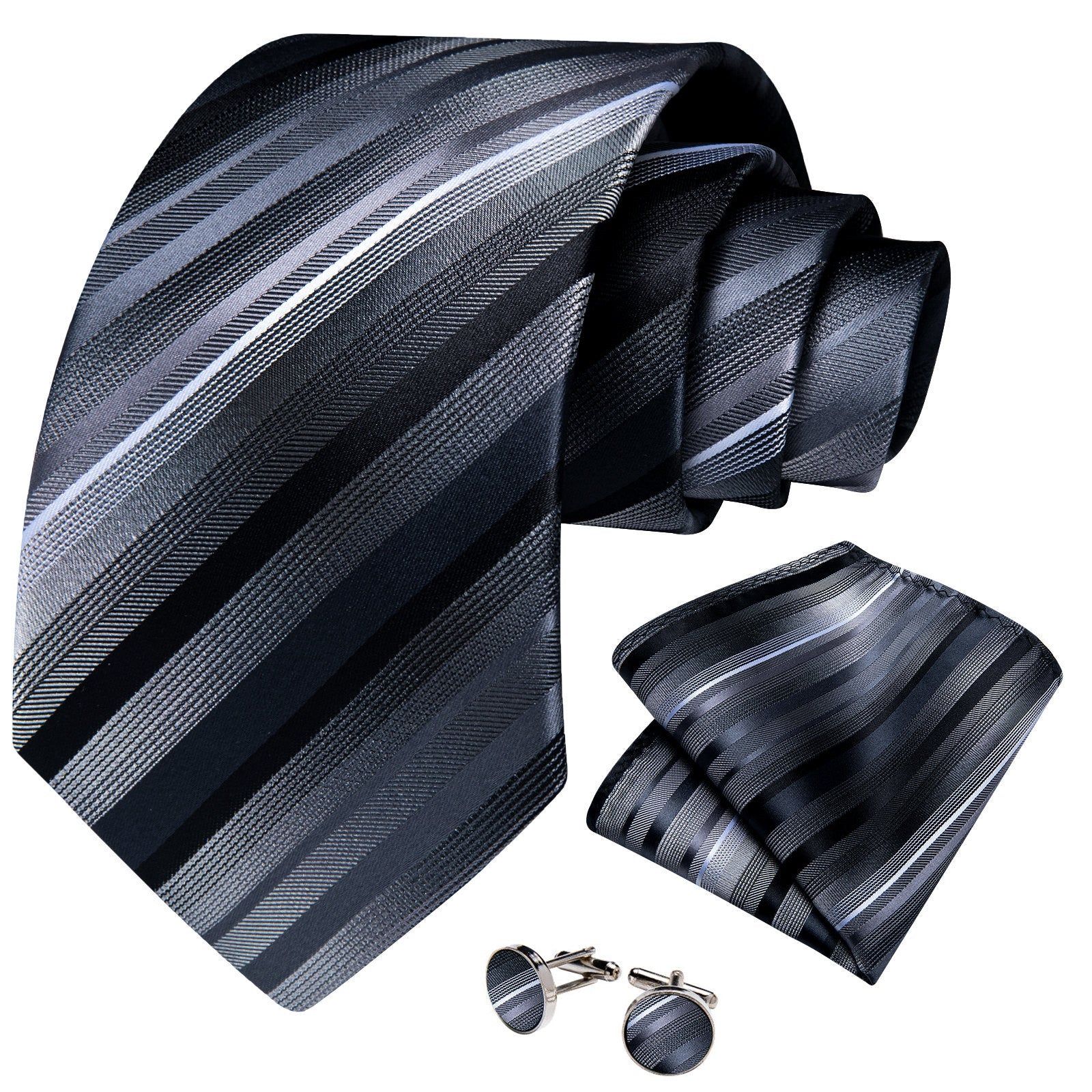 GentCrest Grey Striped Tie Hanky Cufflinks Set - Image 2