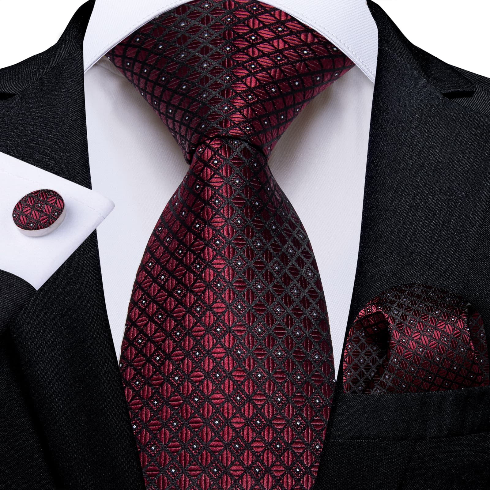 GentCrest Burgundy Plaid Tie Hanky Cufflinks Set - Image 1