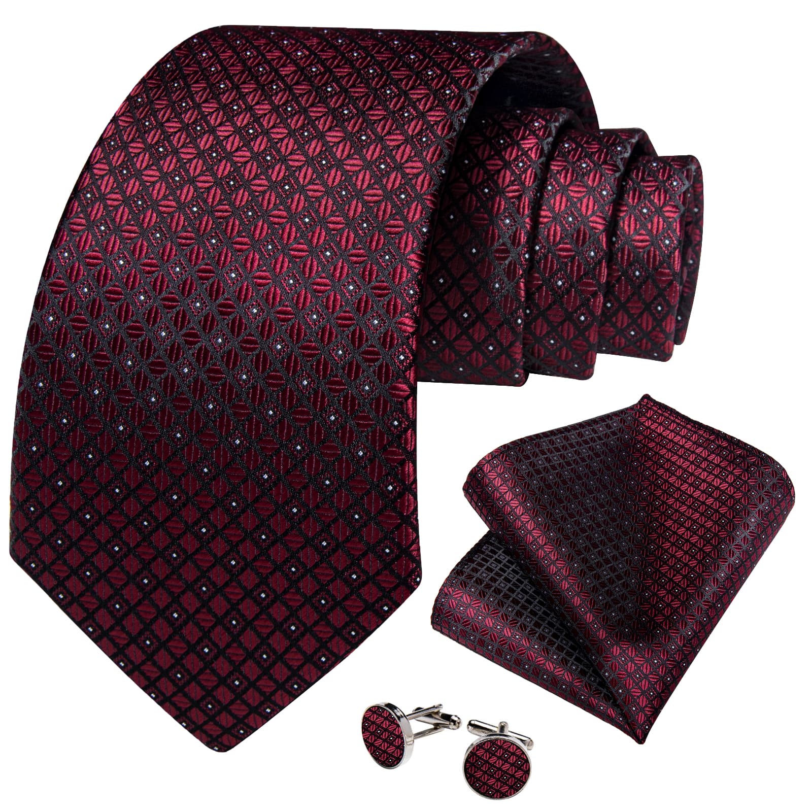 GentCrest Burgundy Plaid Tie Hanky Cufflinks Set - Image 2