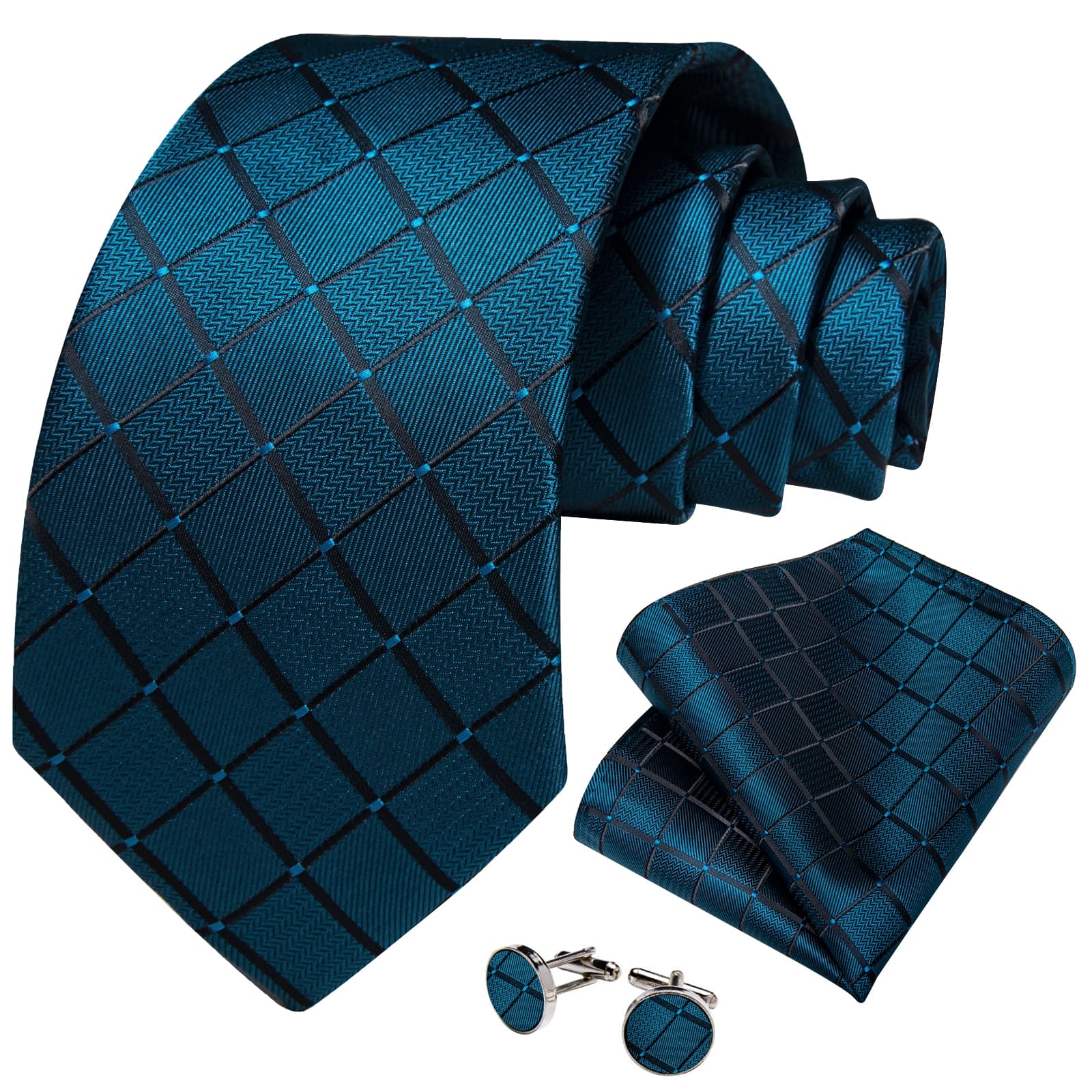 GentCrest Teal Plaid Tie Hanky Cufflinks Set - Image 2
