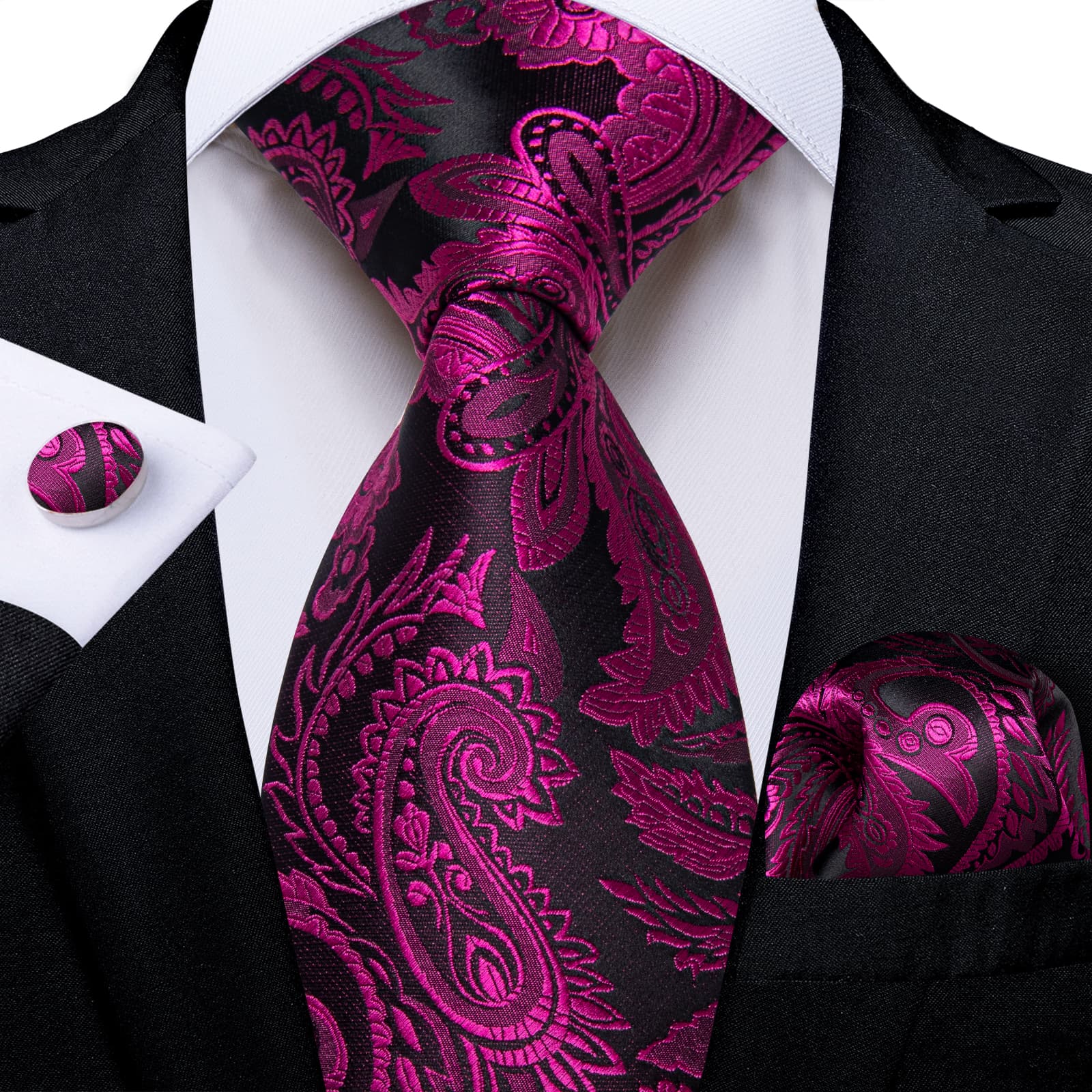 GentCrest Black Paisley Tie Hanky Cufflinks Set - Image 1