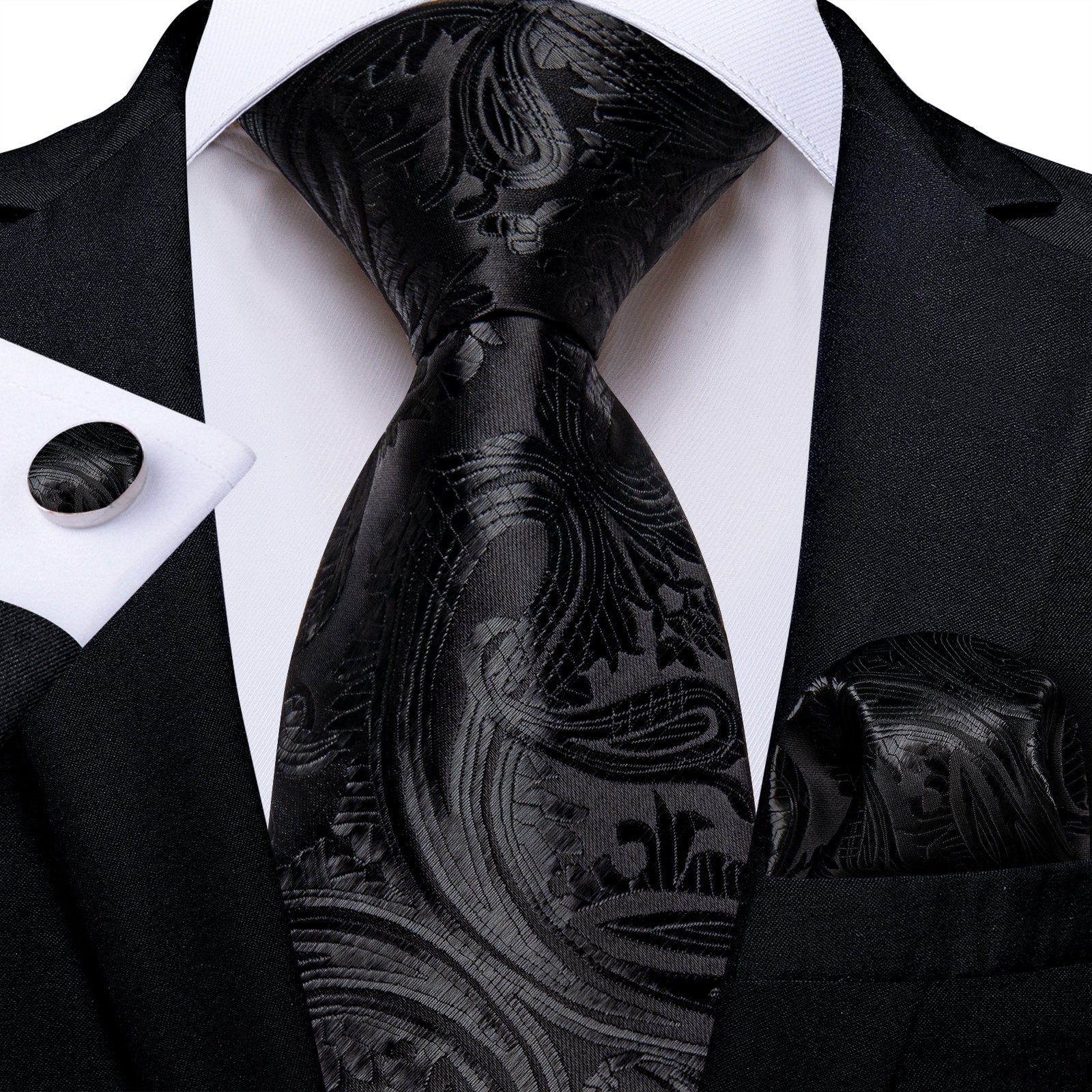 GentCrest Black Paisley Tie Hanky Cufflinks Set - Image 1