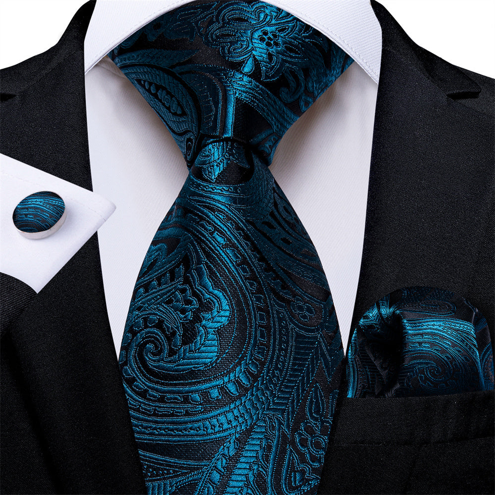 GentCrest Black Paisley Tie Hanky Cufflinks Set - Image 1