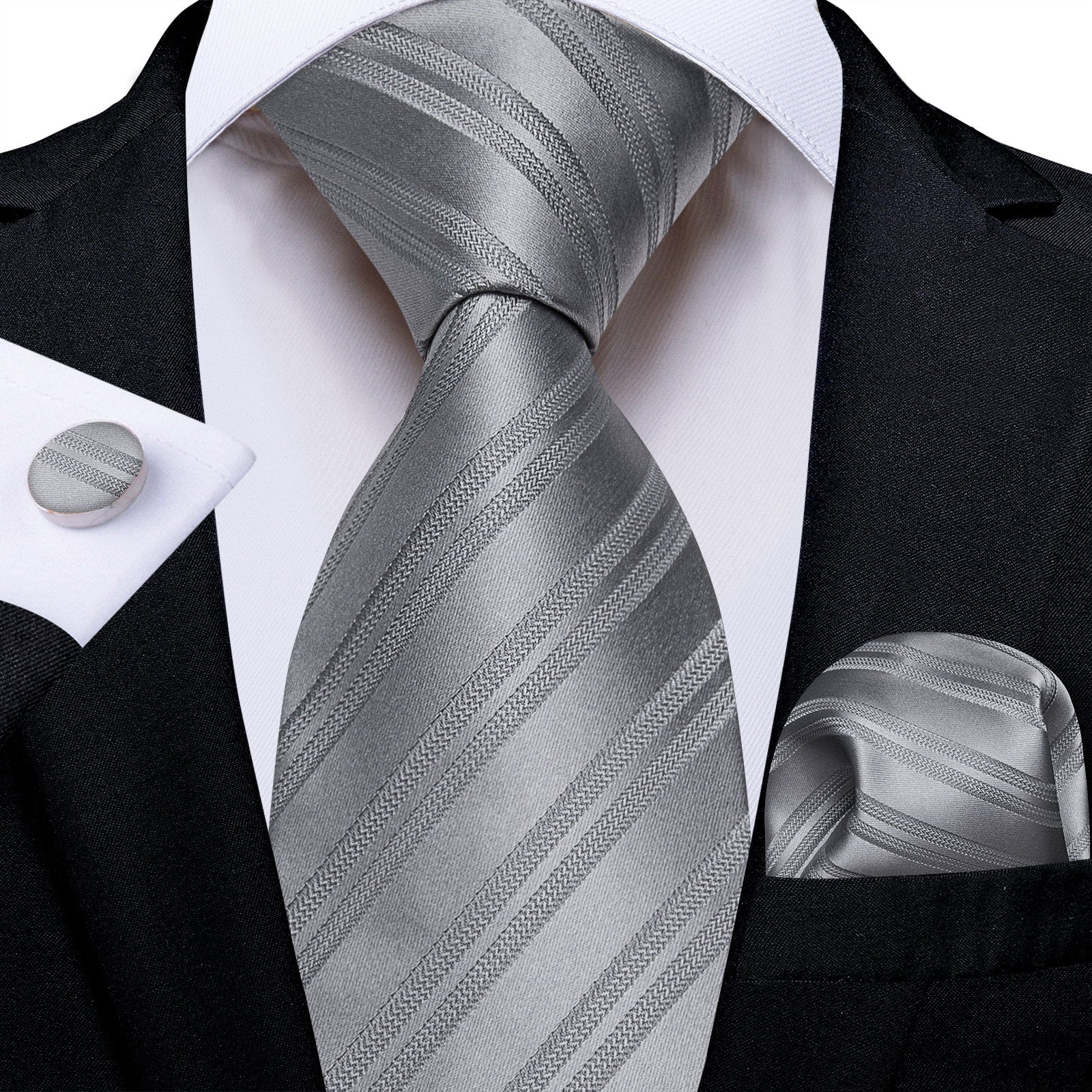 GentCrest Grey Striped Tie Hanky Cufflinks Set - Image 1