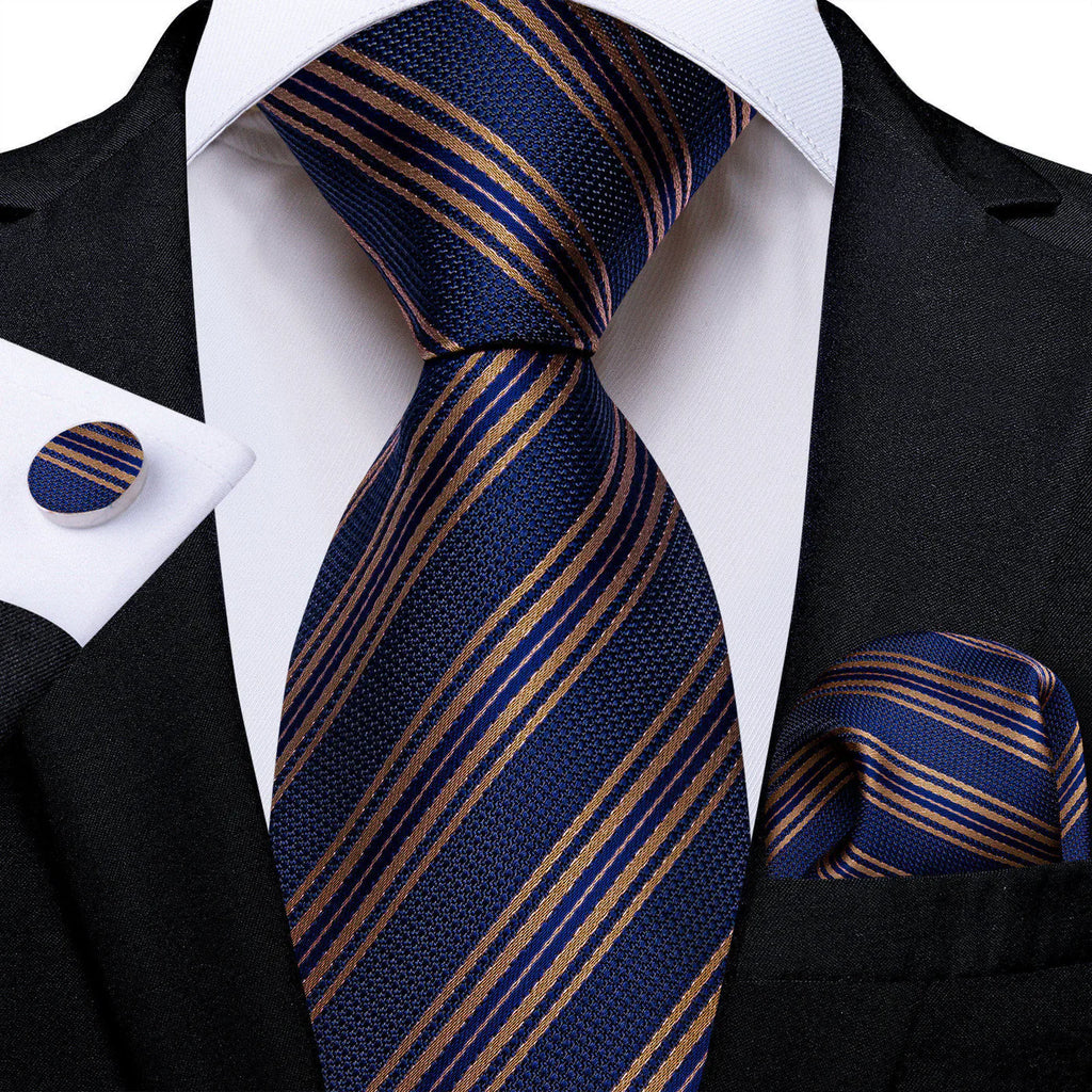 Navy Blue & Gold Striped Silk with Pocket Square and Cufflinks Silk Tie Set - GentCrest
