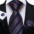Navy Blue & Gold Striped Silk with Pocket Square and Cufflinks Silk Tie Set - GentCrest