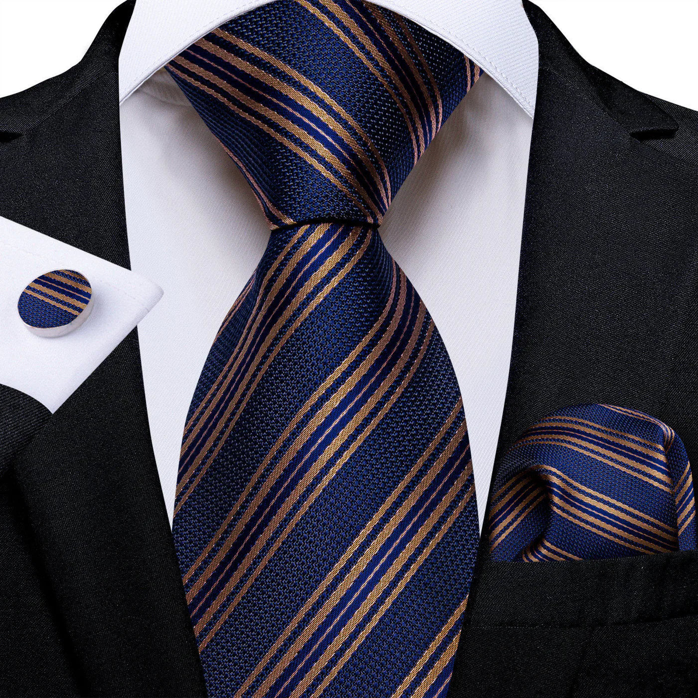 Navy Blue & Gold Striped Silk with Pocket Square and Cufflinks Silk Tie Set - GentCrest
