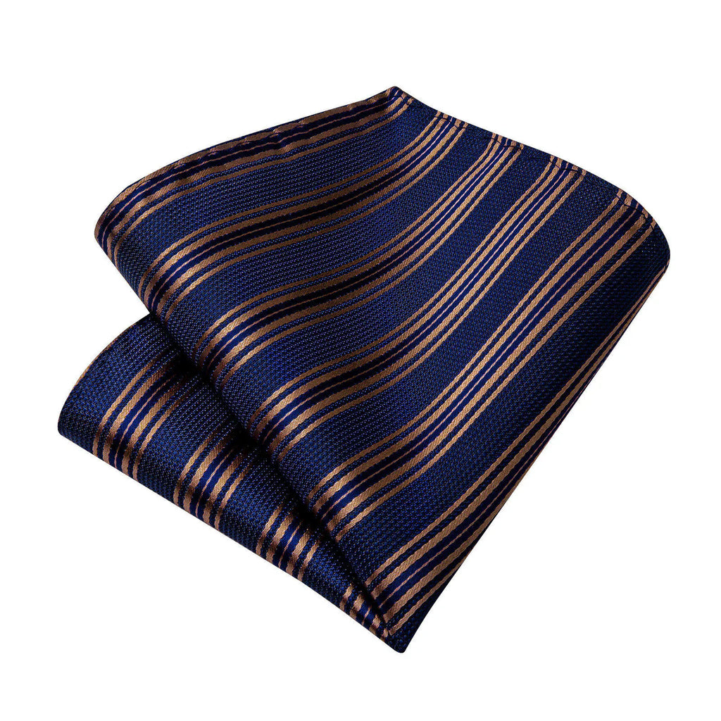 Navy Blue & Gold Striped Silk with Pocket Square and Cufflinks Silk Tie Set - GentCrest - View 5