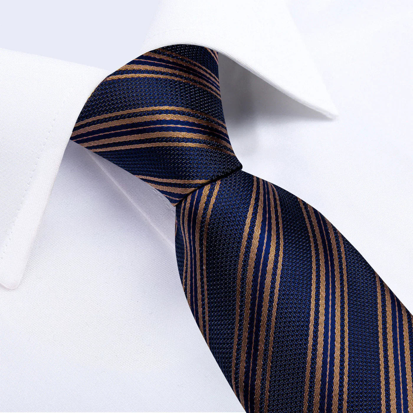 Navy Blue & Gold Striped Silk with Pocket Square and Cufflinks Silk Tie Set - GentCrest - View 2