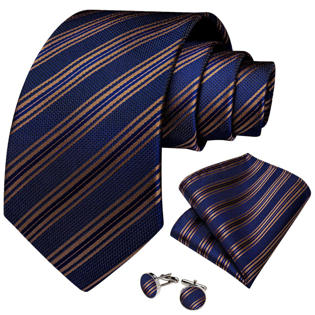 Navy Blue & Gold Striped Silk with Pocket Square and Cufflinks Silk Tie Set - GentCrest - View 3