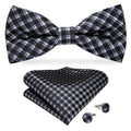 Black Silk Bow Tie Set with Pocket Square & Cufflinks - GentCrest