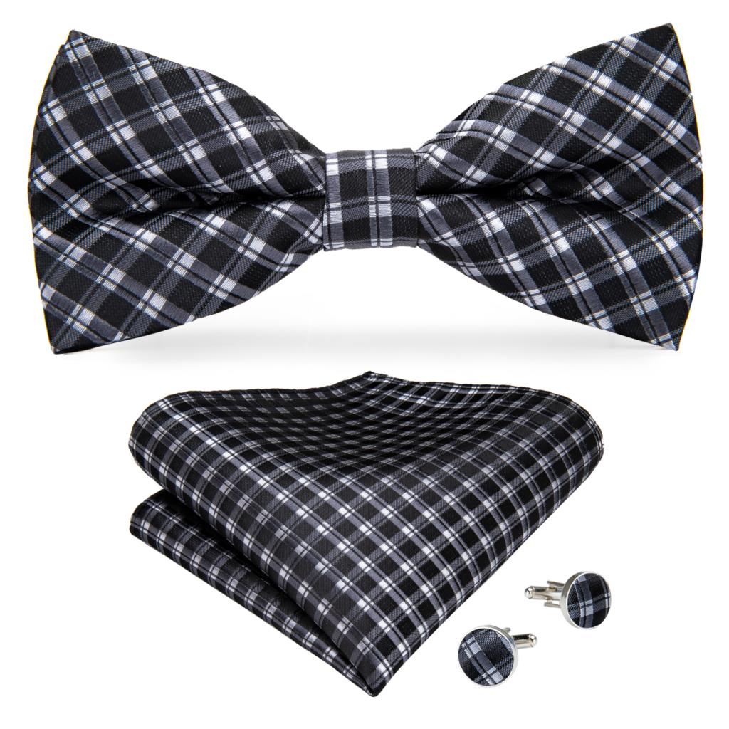 Black Silk Bow Tie Set with Pocket Square & Cufflinks - GentCrest