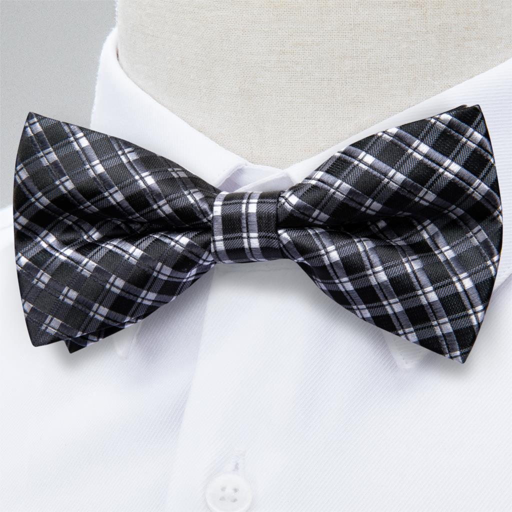 Black Silk Bow Tie Set with Pocket Square & Cufflinks - GentCrest - View 2