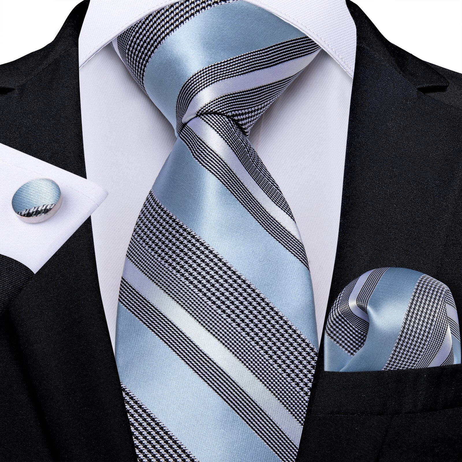 Baby Blue Stripes Silk Tie Set - GentCrest