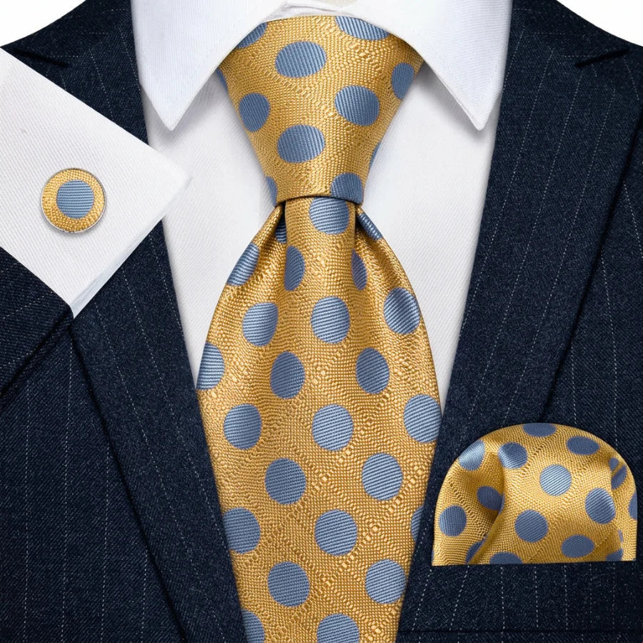 Gold & Light Blue Polka Dot Silk Tie Set - GentCrest