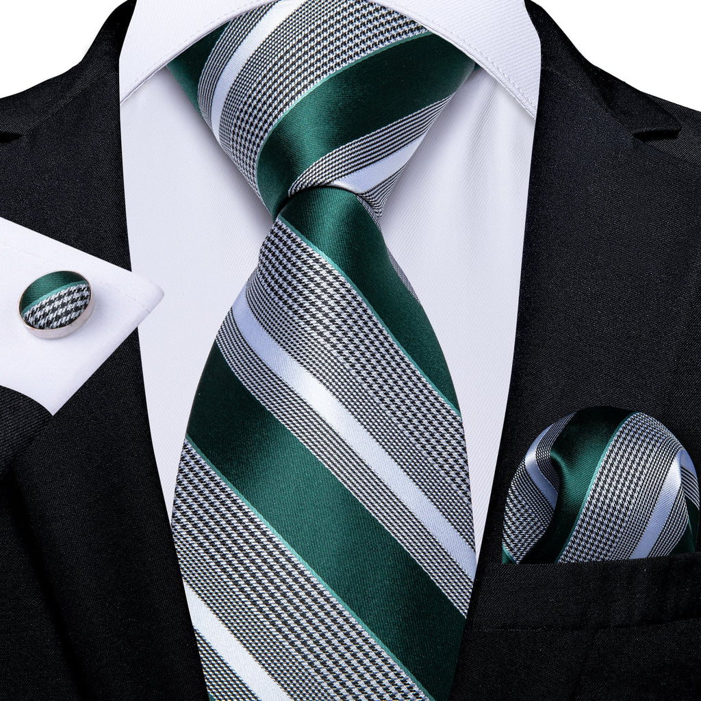 Green and Gray Striped Silk Tie Set - GentCrest