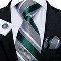 Green and Gray Striped Silk Tie Set - GentCrest