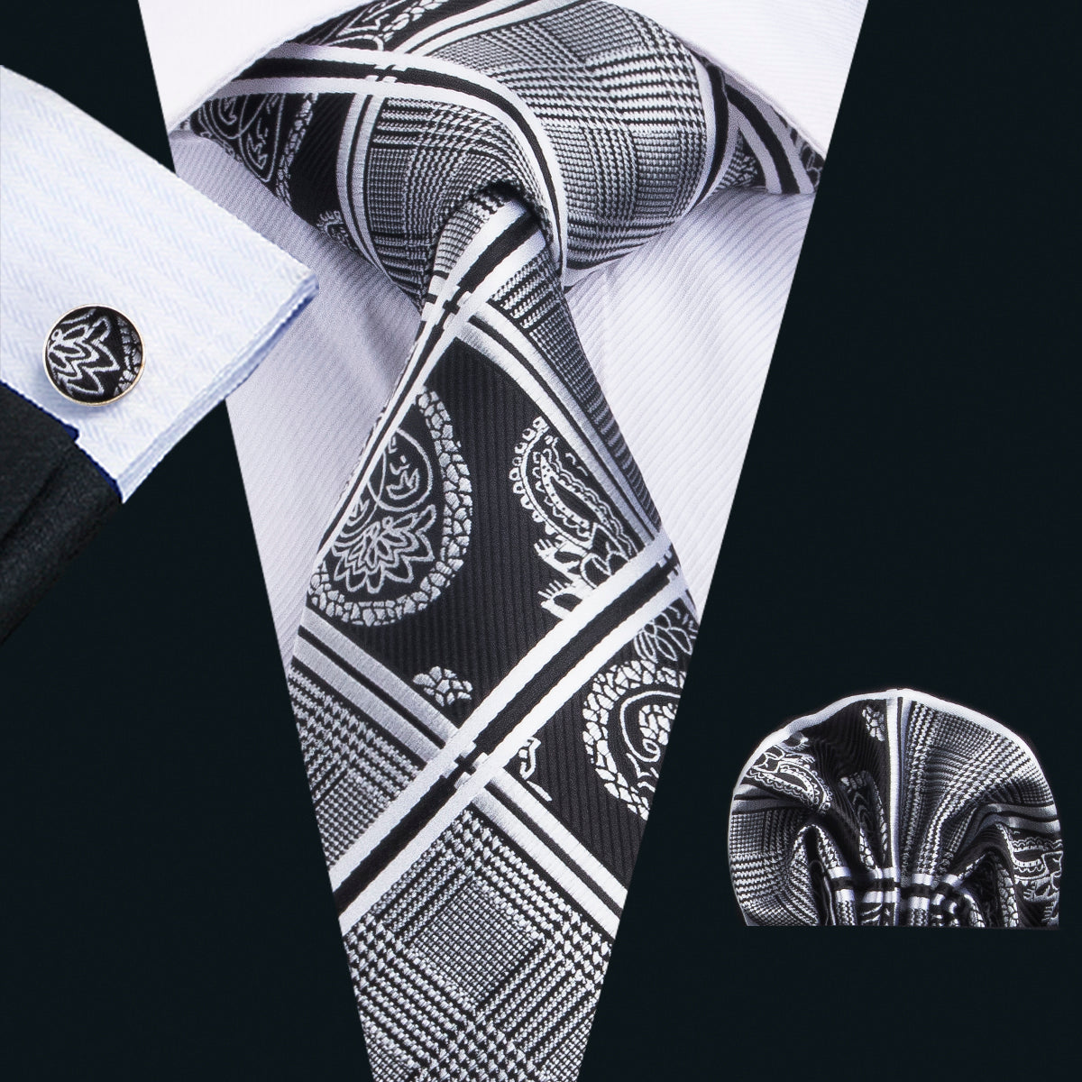 GentCrest Black Plaid Tie Hanky Cufflinks Set - Image 1
