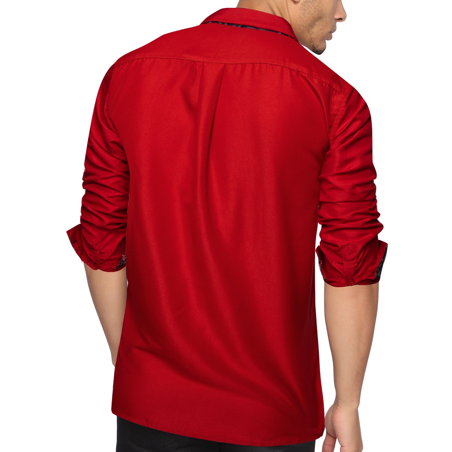 Red Silk with Black Paisley Accented Cuffs and Collar Dress Shirt - GentCrest - View 5