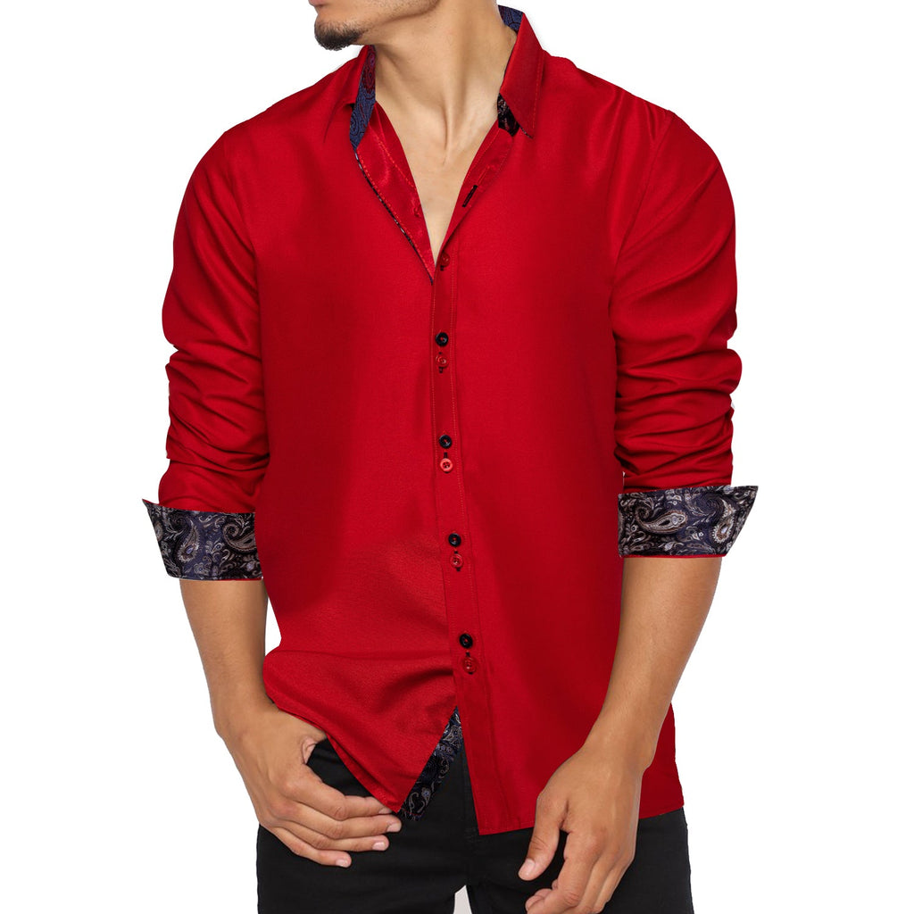 Red Silk with Black Paisley Accented Cuffs and Collar Dress Shirt - GentCrest - View 2