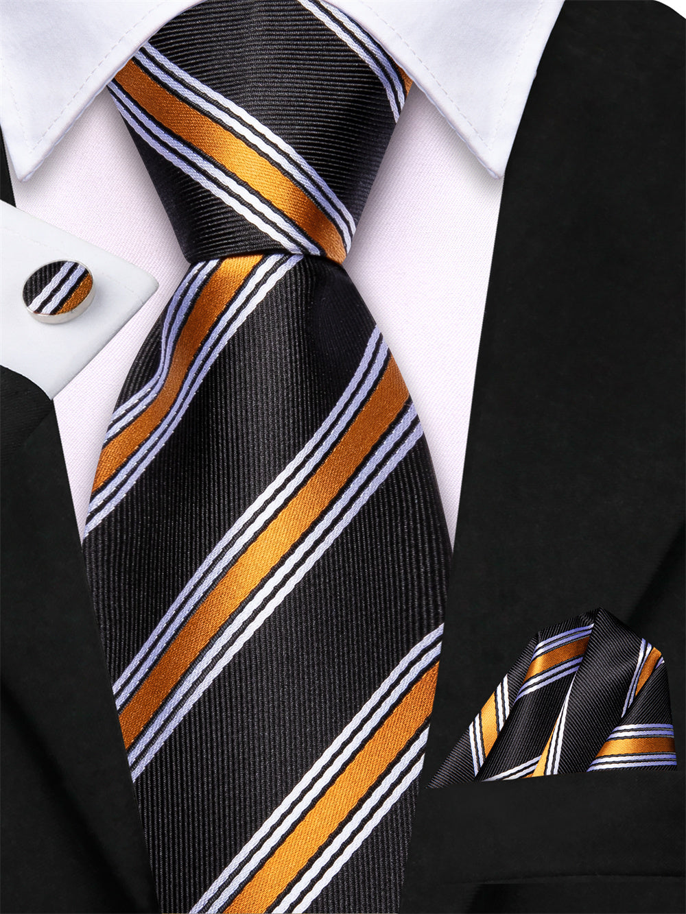 GentCrest Black Striped Tie Hanky Cufflinks Set - Image 3