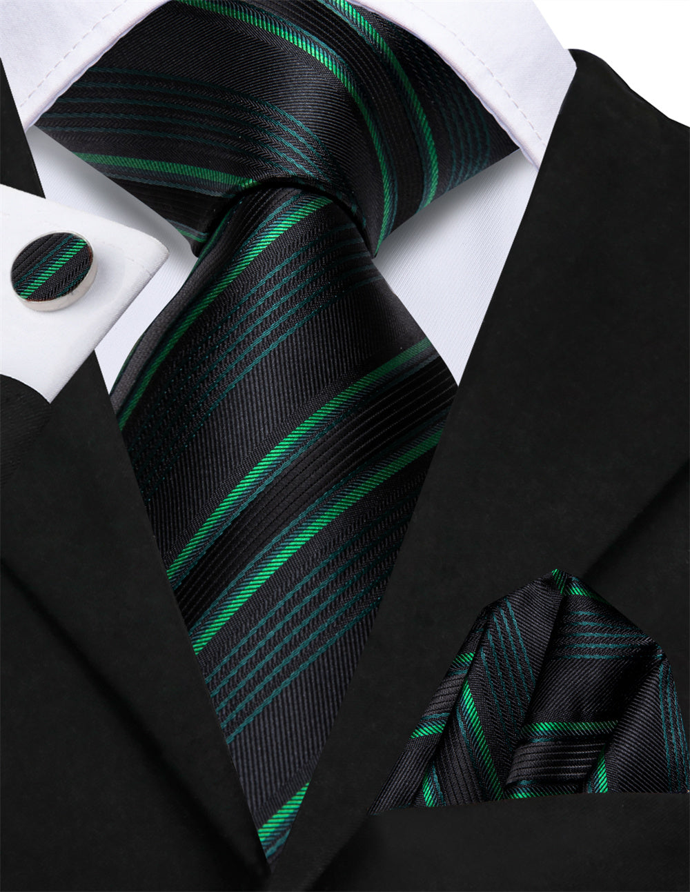 GentCrest Black Striped Tie Hanky Cufflinks Set - Image 2