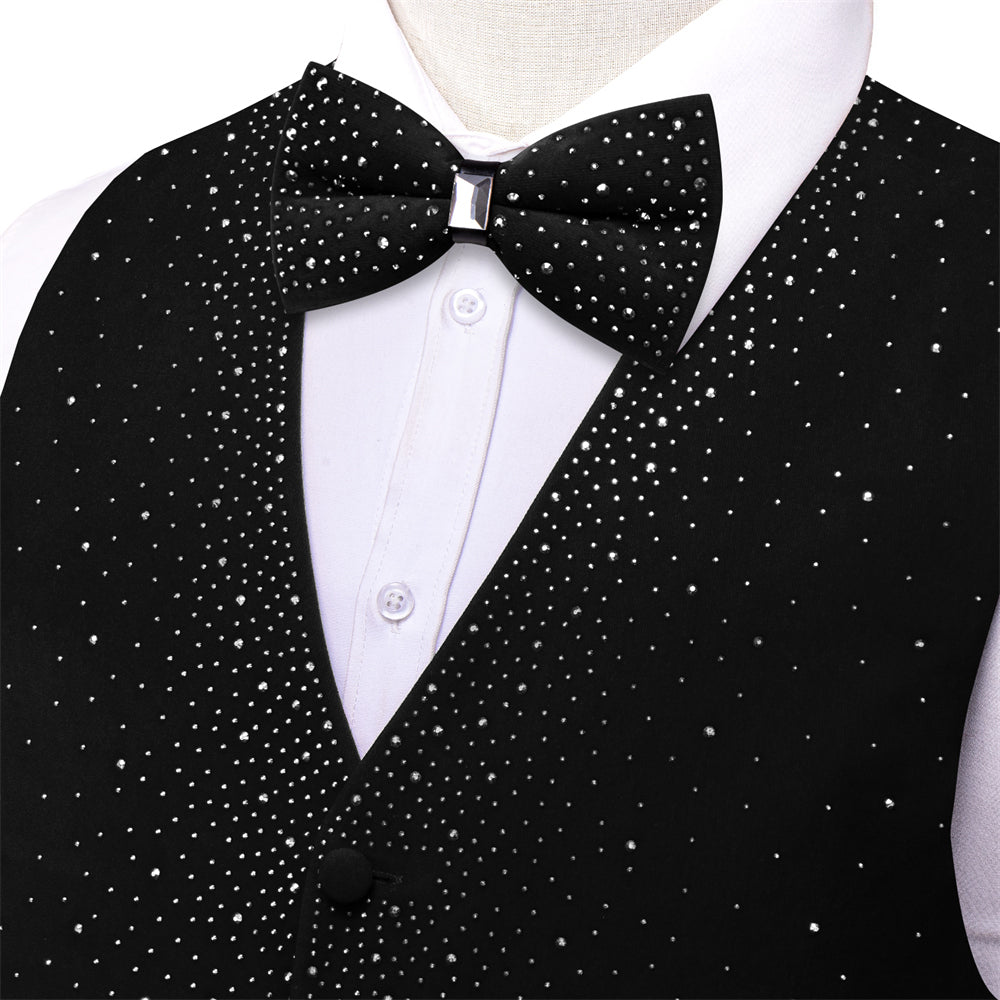 Black Sparkling Rhinestone & Bow Tie Set Vest Set - GentCrest - View 2