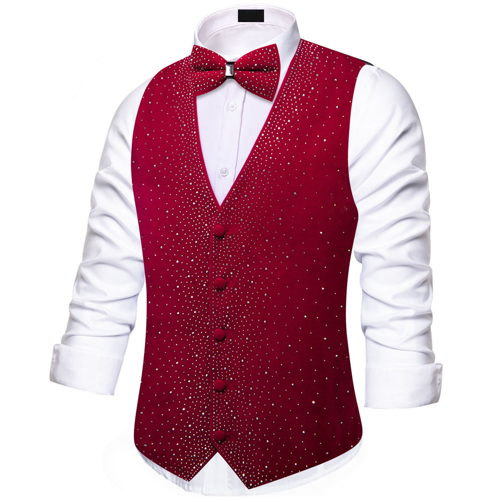 Red Sparkling Rhinestone & Bow Tie Set Vest Set - GentCrest - View 8