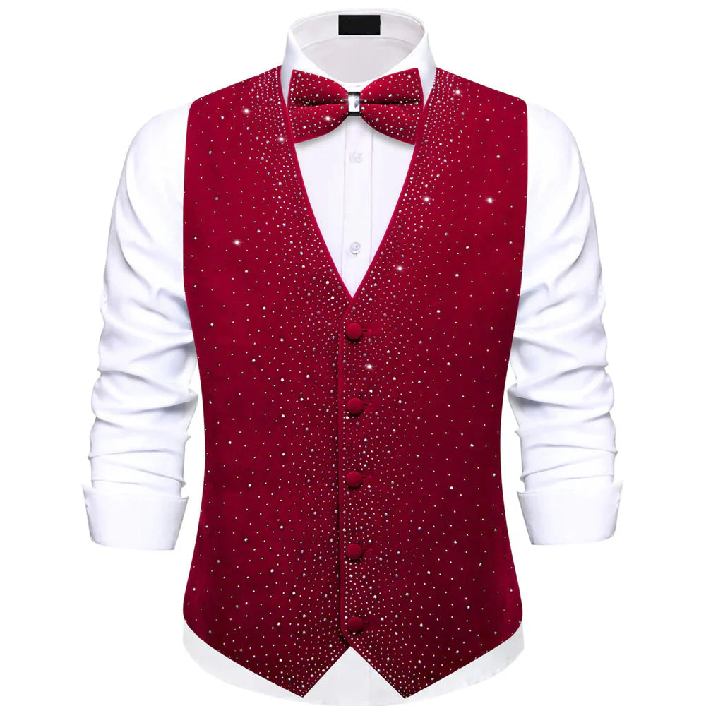 Red Sparkling Rhinestone & Bow Tie Set Vest Set - GentCrest