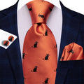 Orange & Black Cat Necktie with Pocket Square and Cufflinks Silk Tie Set - GentCrest