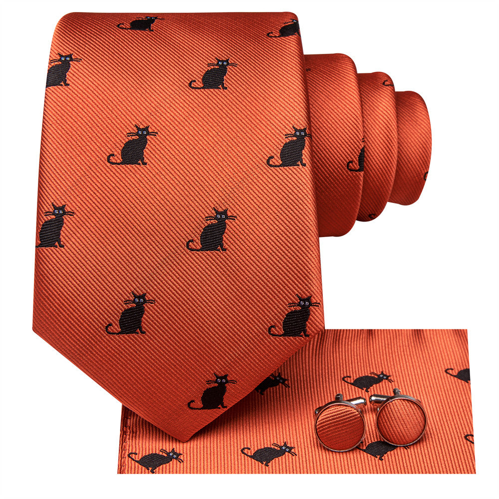 Orange & Black Cat Necktie with Pocket Square and Cufflinks Silk Tie Set - GentCrest - View 3