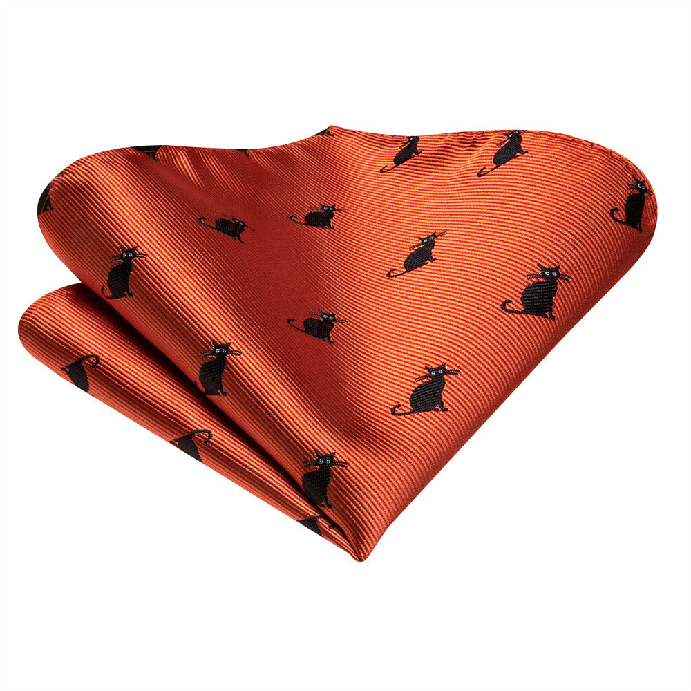 Orange & Black Cat Necktie with Pocket Square and Cufflinks Silk Tie Set - GentCrest - View 5