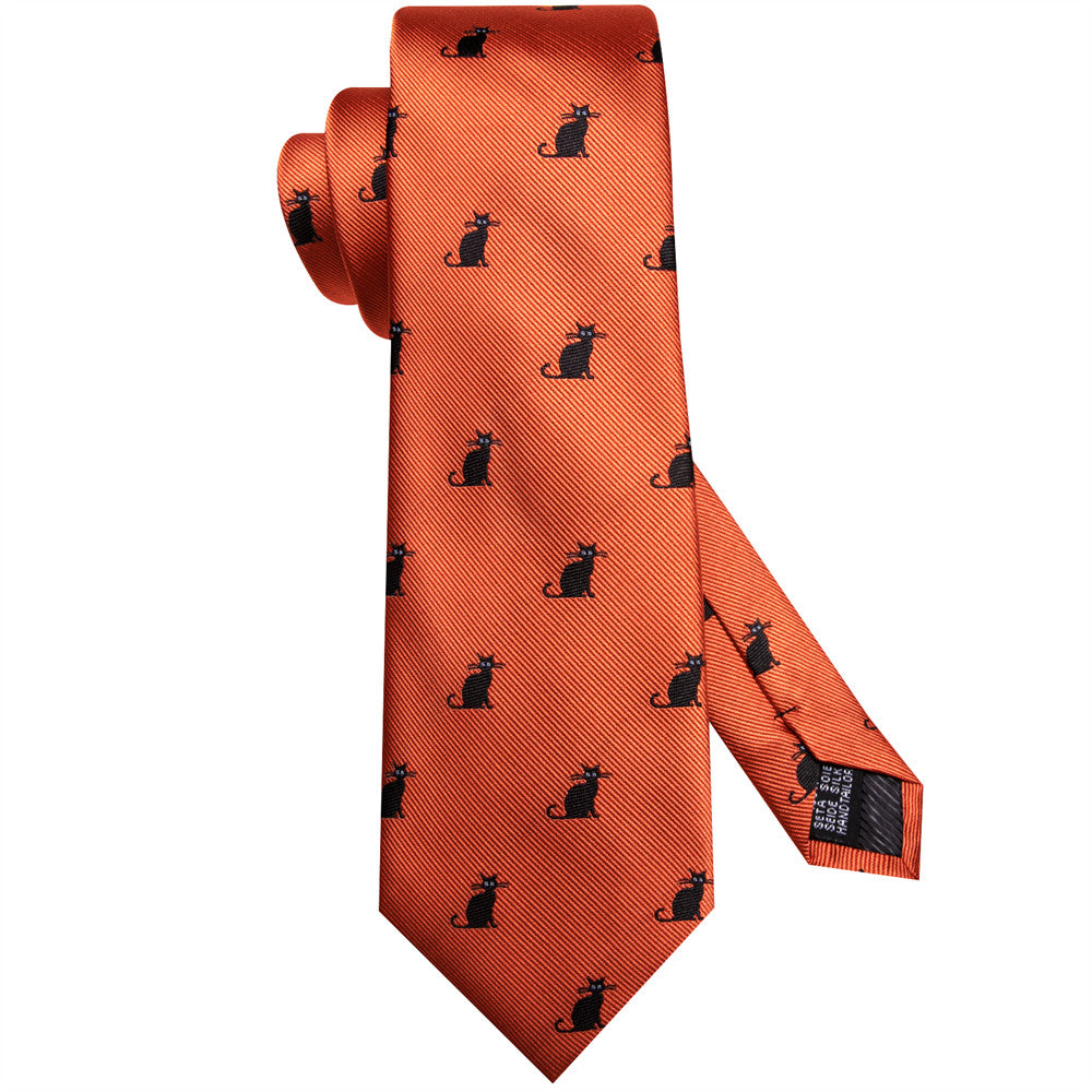 Orange & Black Cat Necktie with Pocket Square and Cufflinks Silk Tie Set - GentCrest - View 2
