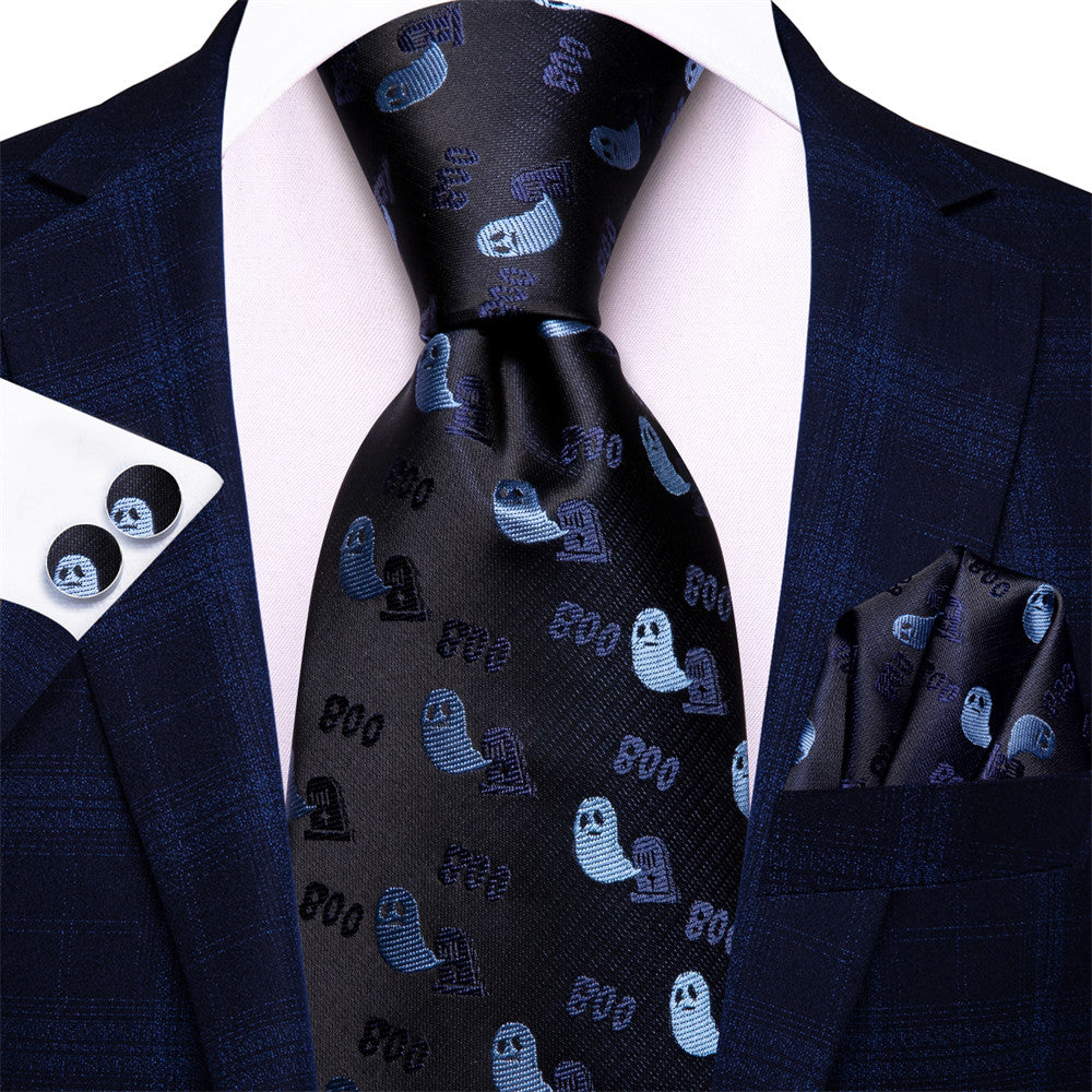 Halloween Black & Blue Ghost Necktie with Pocket Square and Cufflinks Silk Tie Set - GentCrest