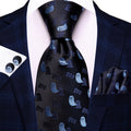 Halloween Black & Blue Ghost Necktie with Pocket Square and Cufflinks Silk Tie Set - GentCrest