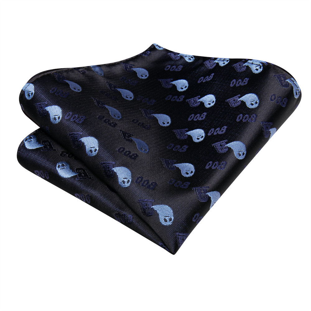 Halloween Black & Blue Ghost Necktie with Pocket Square and Cufflinks Silk Tie Set - GentCrest - View 5