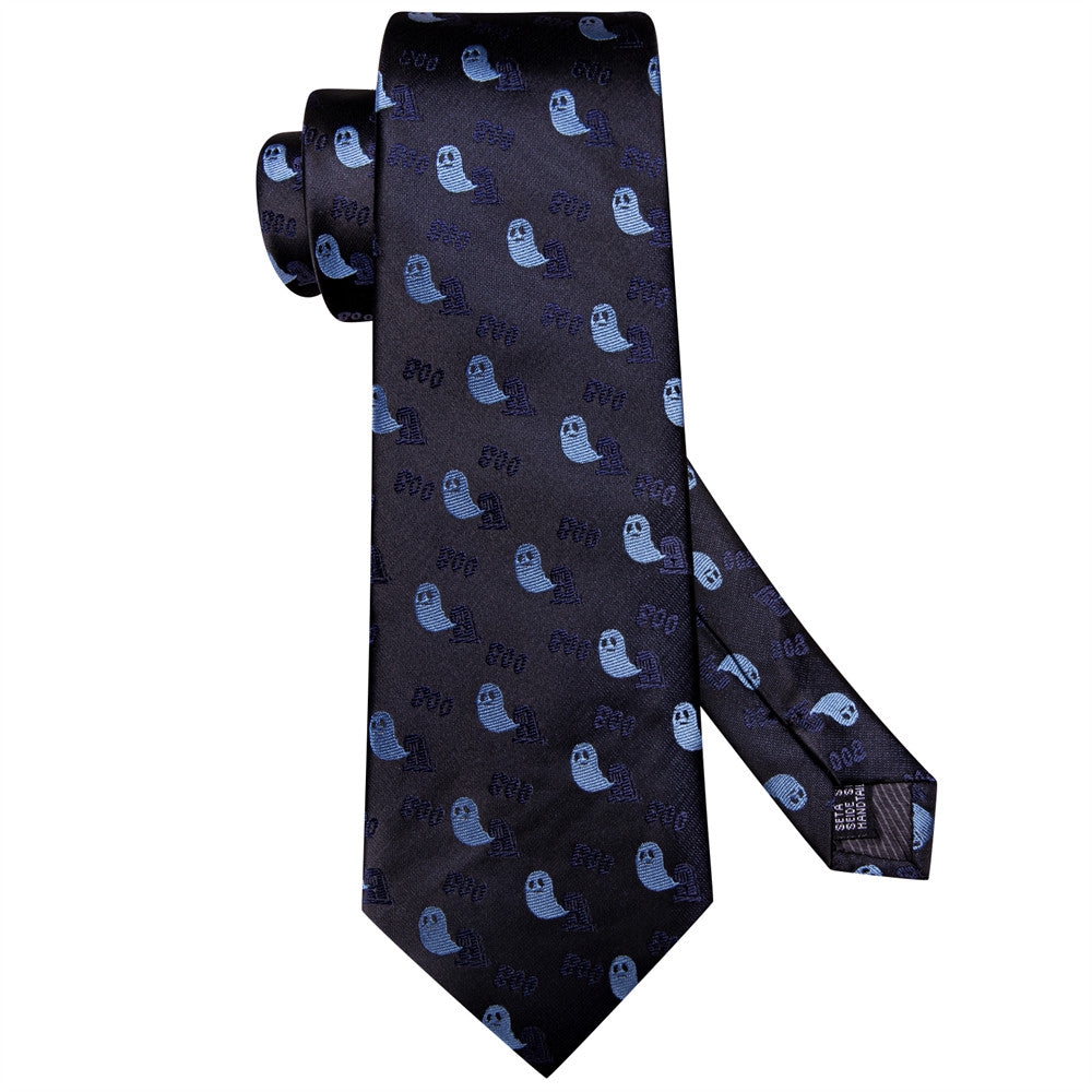Halloween Black & Blue Ghost Necktie with Pocket Square and Cufflinks Silk Tie Set - GentCrest - View 2