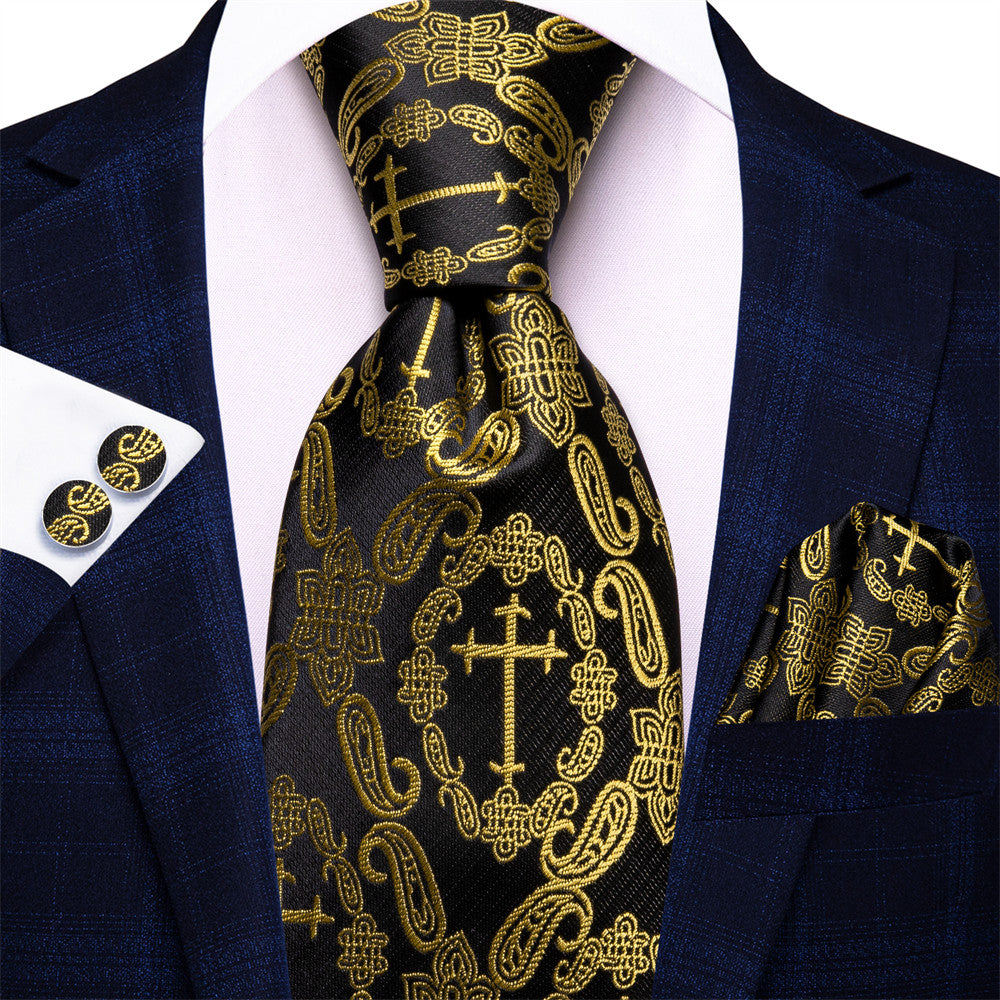 Black & Gold Cross Paisley Silk Tie Set - GentCrest