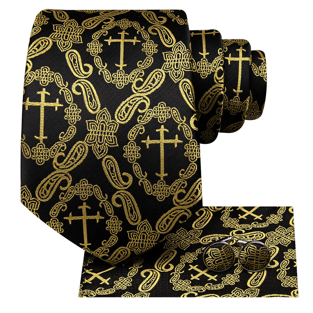 Black & Gold Cross Paisley Silk Tie Set - GentCrest - View 3