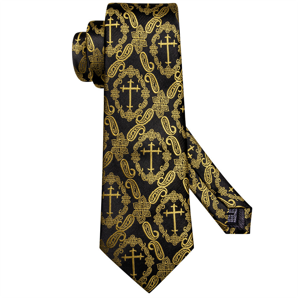 Black & Gold Cross Paisley Silk Tie Set - GentCrest - View 2