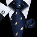 Navy Blue & Gold Cat Pattern Silk Tie Set - GentCrest