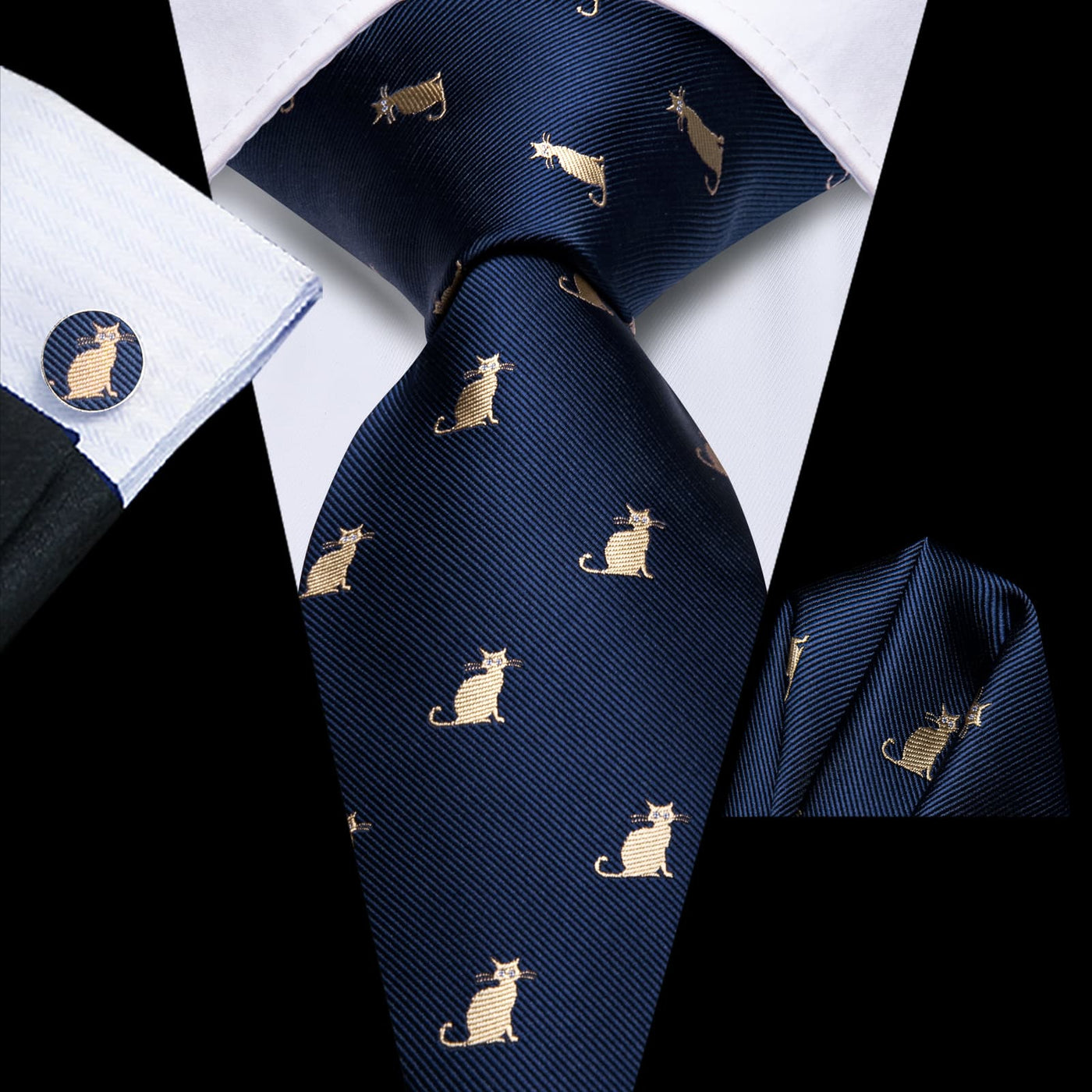 Navy Blue & Gold Cat Pattern Silk Tie Set - GentCrest